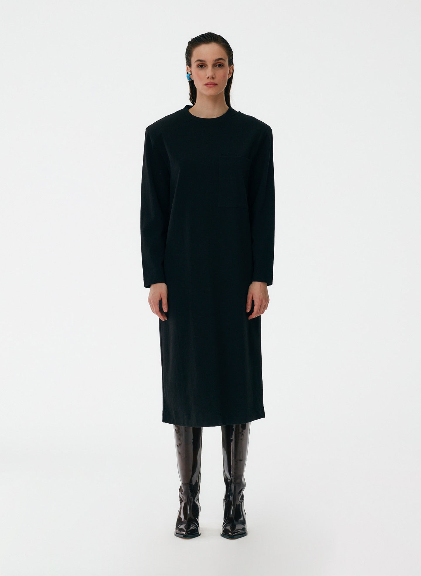 Black / XXS / T000PU1412 Punto Milano Long Sleeve Shoulder Pad T-Shirt Dress Black / XXS / T000PU1412 Punto Milano Long Sleeve Shoulder Pad T-Shirt Dress