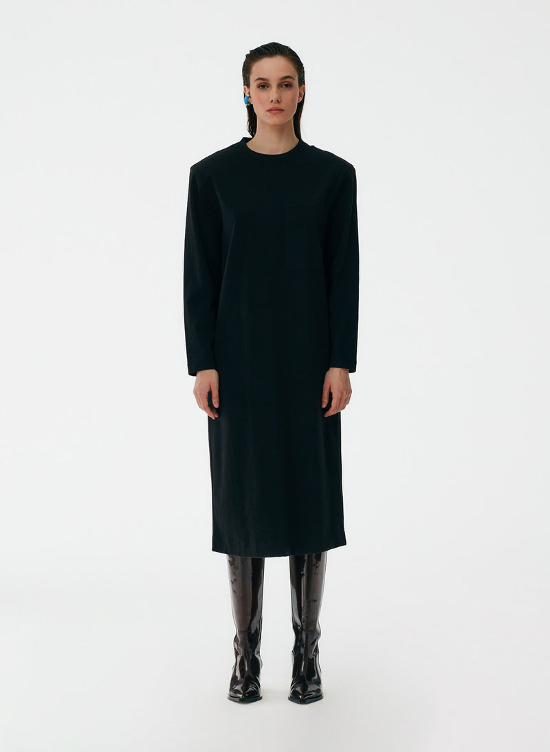 Punto Milano Long Sleeve Shoulder Pad T-Shirt Dress Black-1