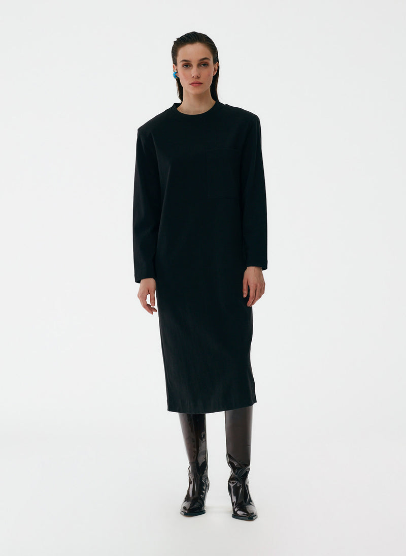 Punto Milano Long Sleeve Shoulder Pad T-Shirt Dress Black-5