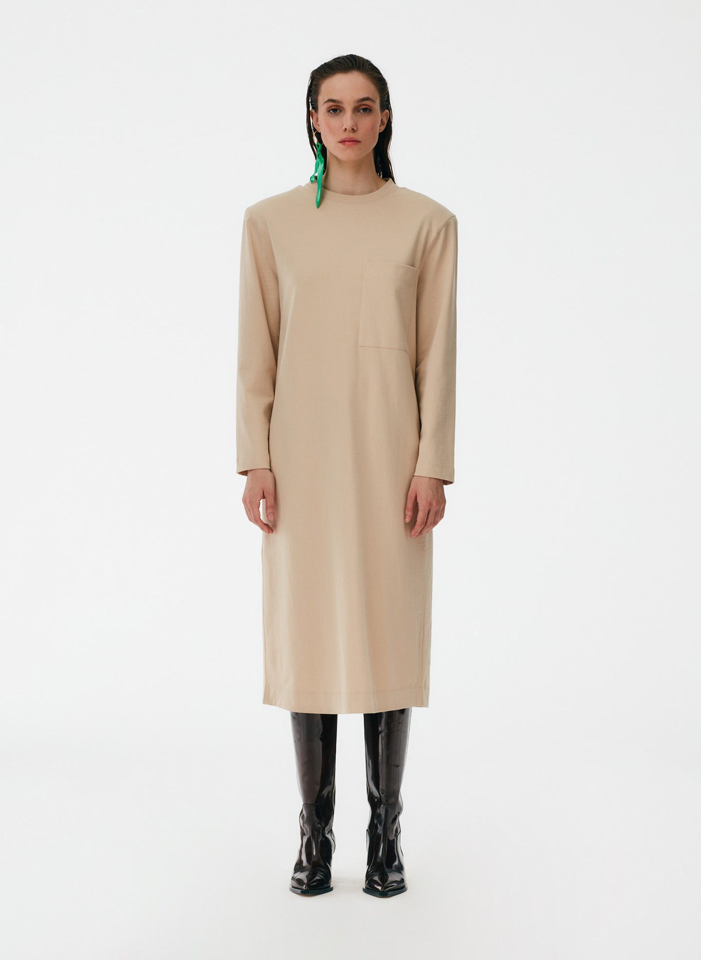 Punto Milano Long Sleeve Shoulder Pad T-Shirt Dress - Light Toffee / XXS / T000PU1412 Punto Milano Long Sleeve Shoulder Pad T-Shirt Dress - Light Toffee / XXS / T000PU1412
