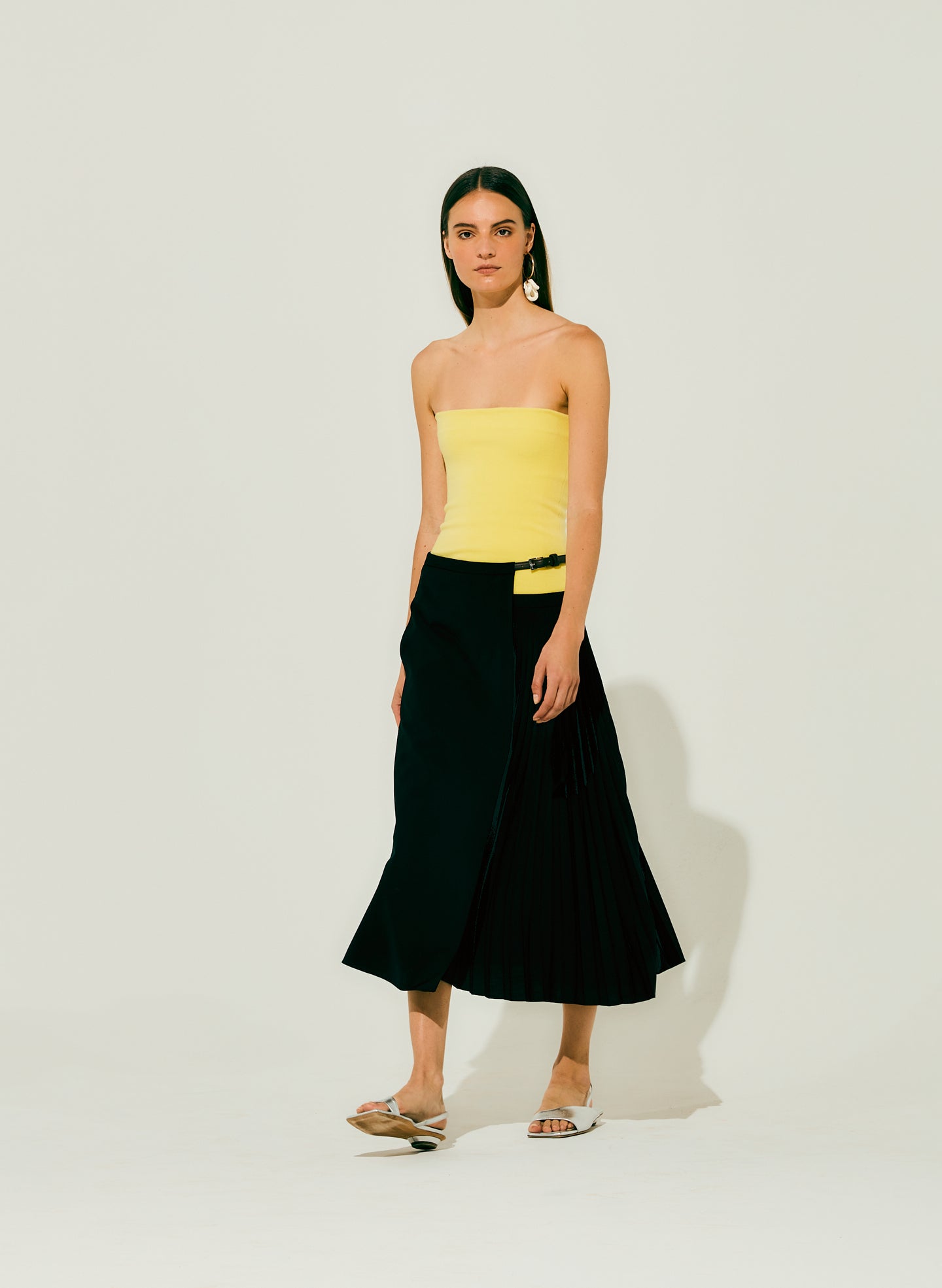 Tropical Wool Pleated Leather Wrap Skirt