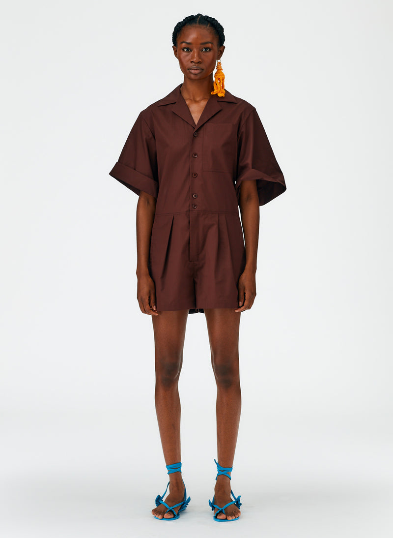 Eco Poplin Short Jumpsuit Brown-01