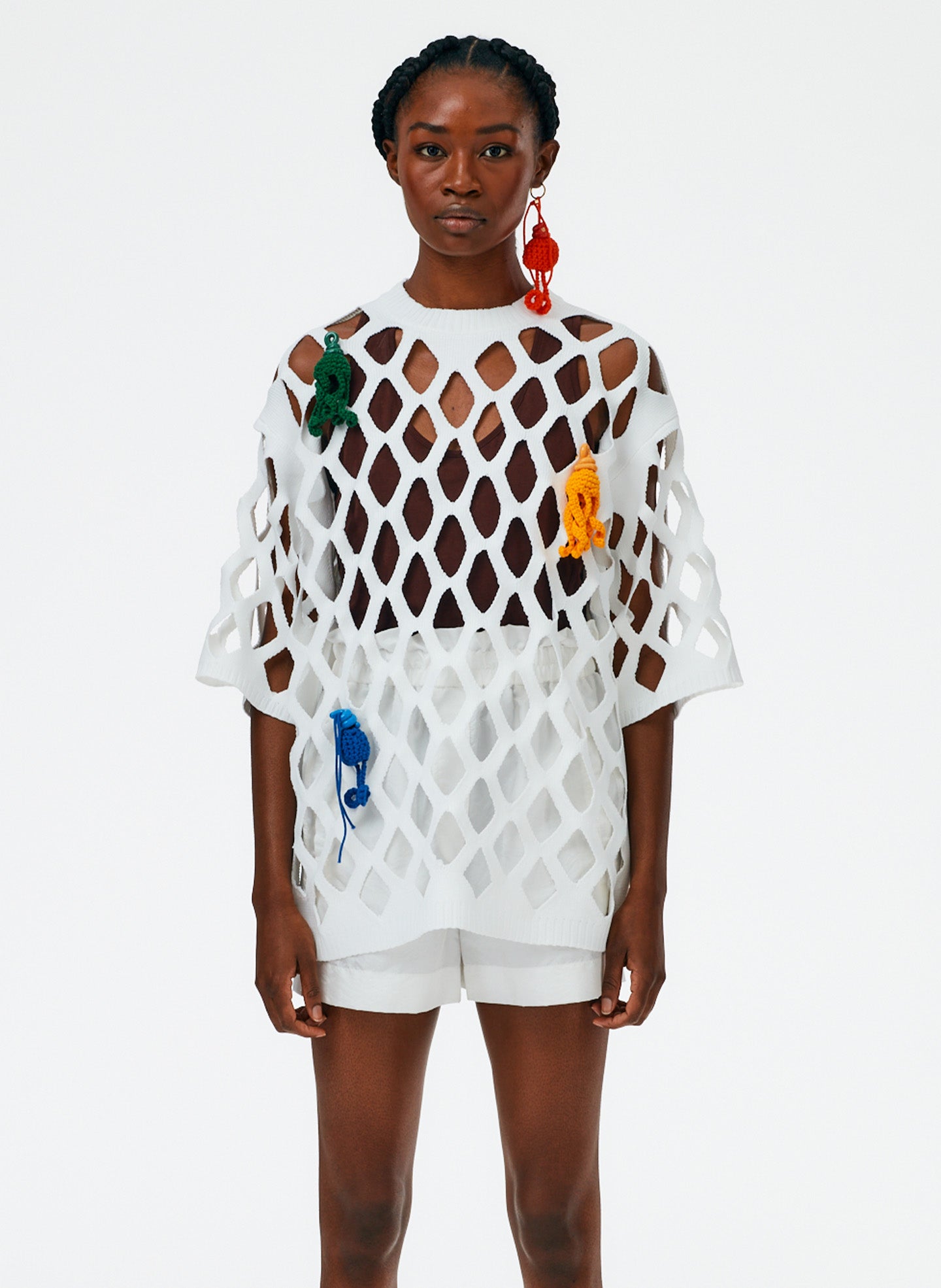 Fishnet Macrame Oversized T-Shirt - White Multi-01