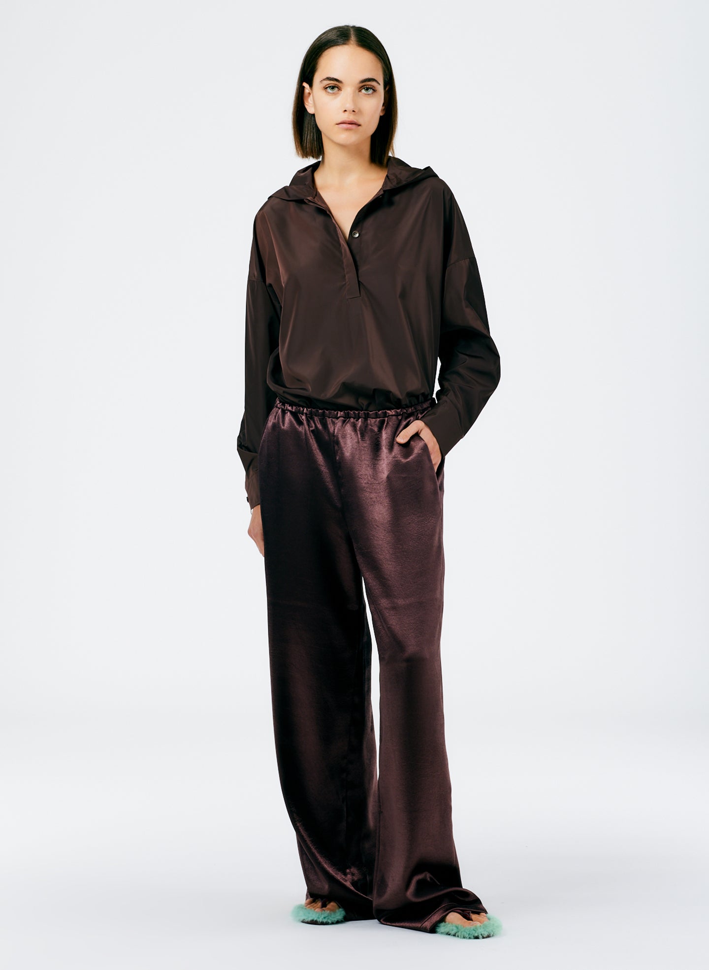 Summer Satin Wide Leg Pull On Pant - Dark Brown-1