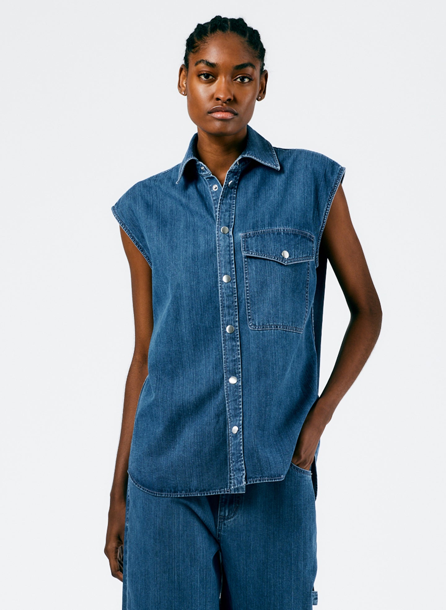 Stone Washed Denim Sleeveless Easy Shirt - Medium Stone Wash-1