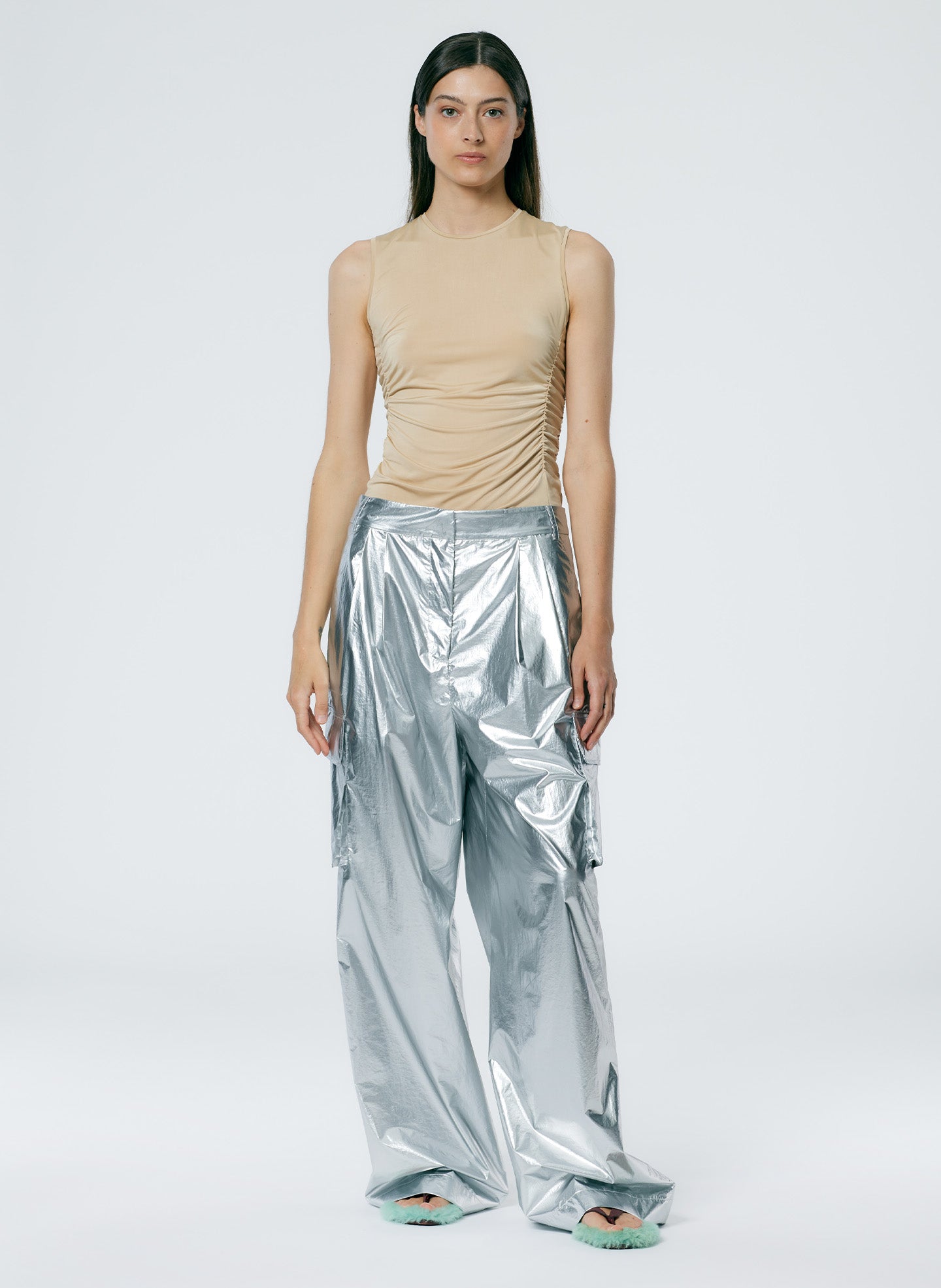 Metallic Nylon Pleated Stella Cargo Pant - Silver-1