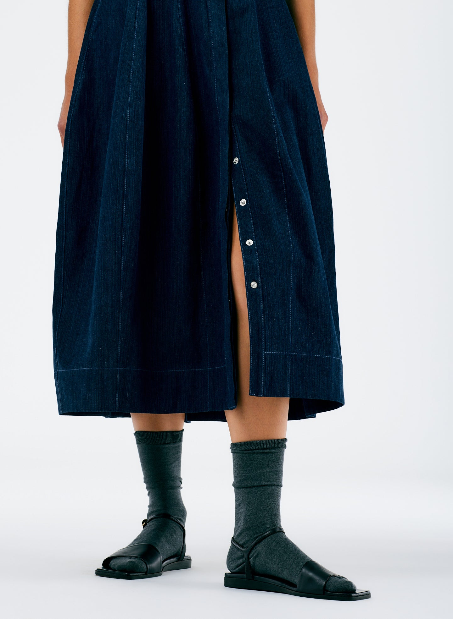 tibi denim dress Tibi Paneled Denim Midi Shirt Dress