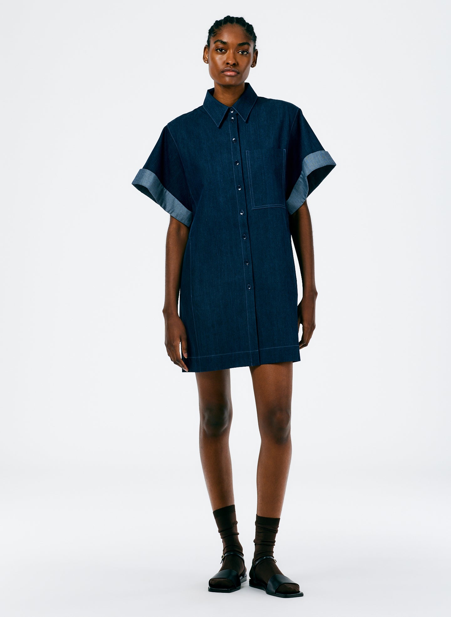 Enzyme Washed Denim Rolled Sleeve Shirtdress - Dark Enzyme Wash-1