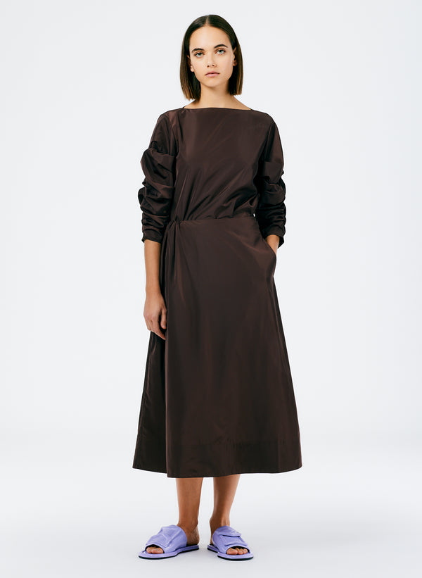 Italian Sporty Nylon Side Shirred Circle Skirt - Dark Brown-1