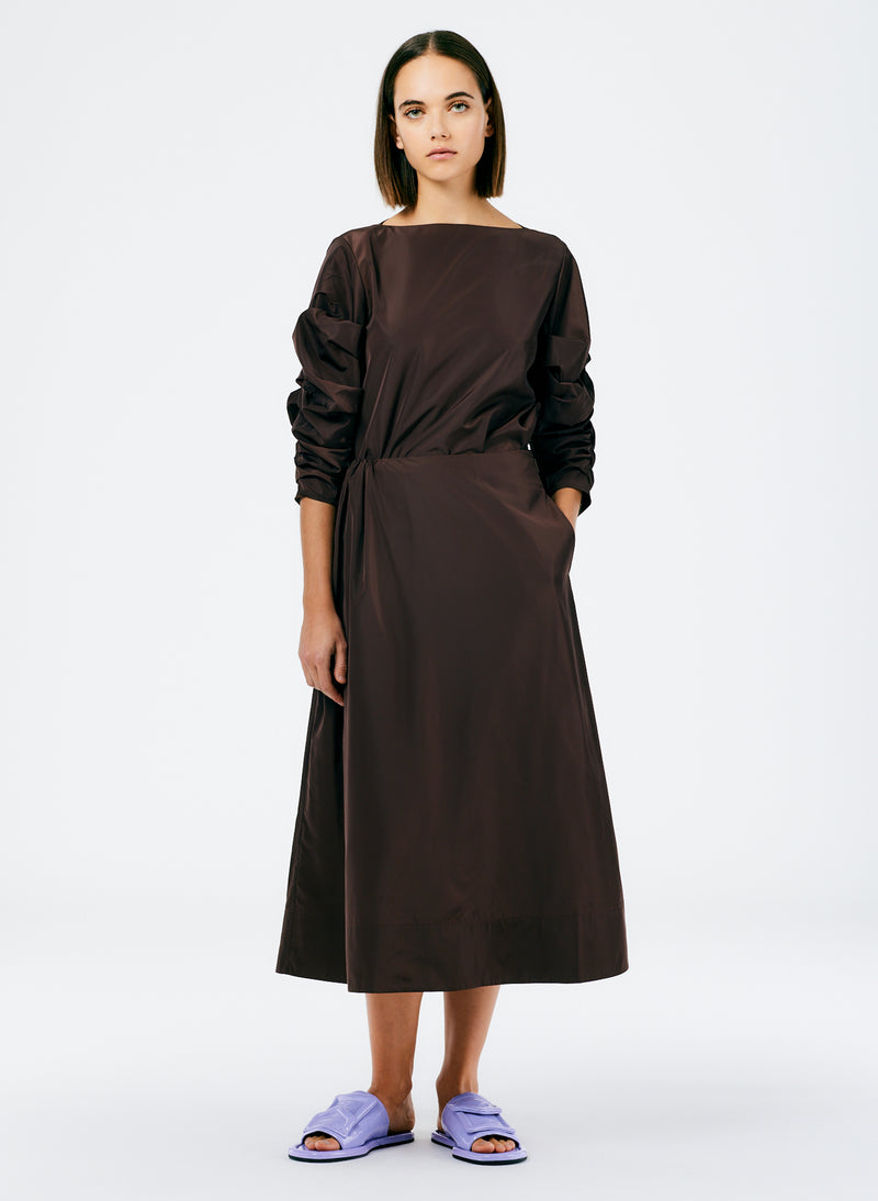 Italian Sporty Nylon Side Shirred Circle Skirt Dark Brown-1