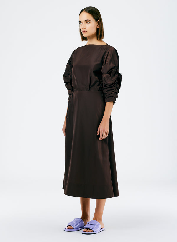 Italian Sporty Nylon Side Shirred Circle Skirt - Dark Brown-2