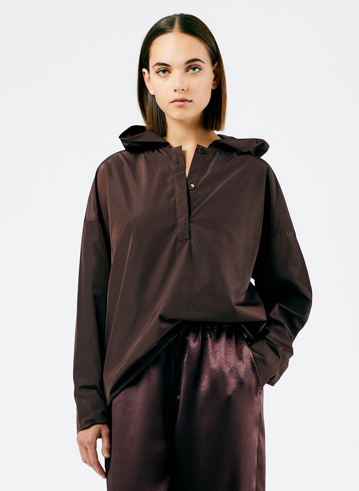 Italian Sporty Nylon Hoodie With Cocoon Back - Dark Brown-1