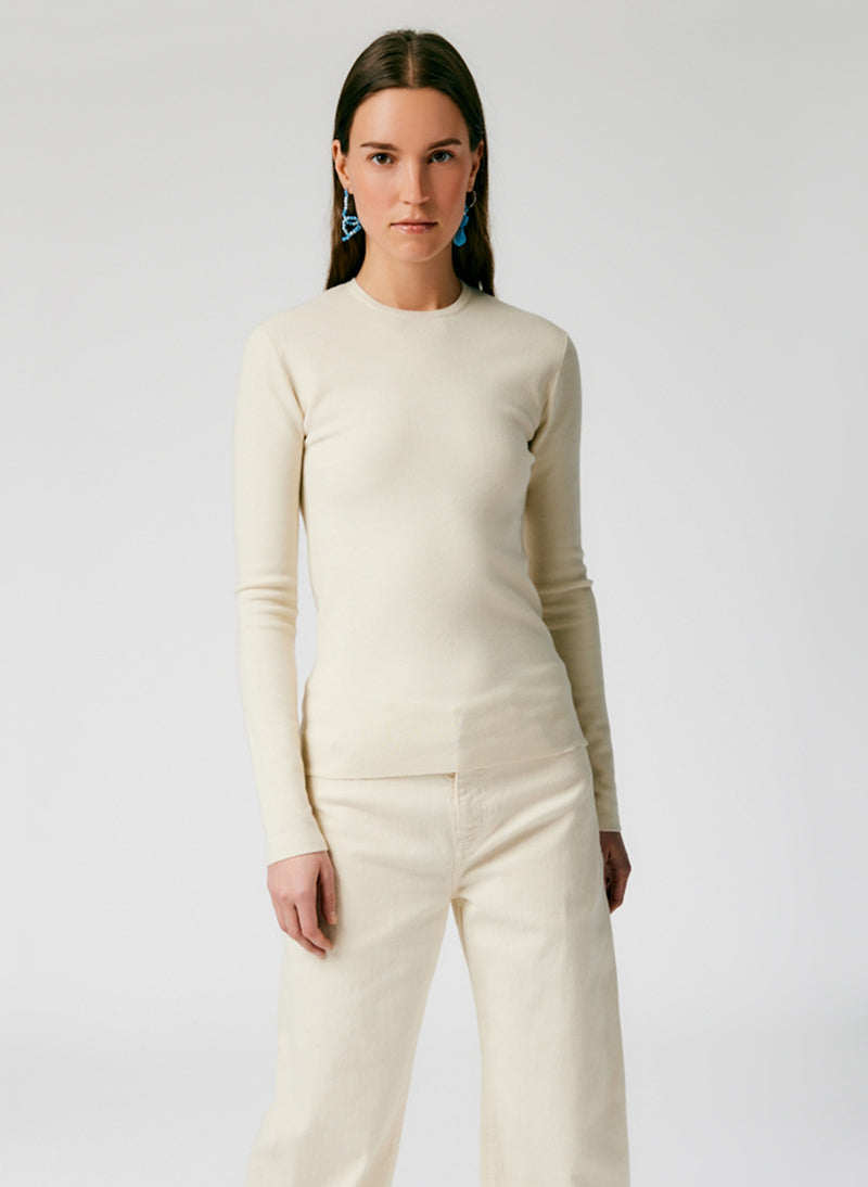 Compact Stretch Cashmere Mini Long Sleeve Pullover Cream-1
