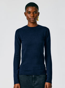 Compact Stretch Cashmere Mini Long Sleeve Pullover Navy-4
