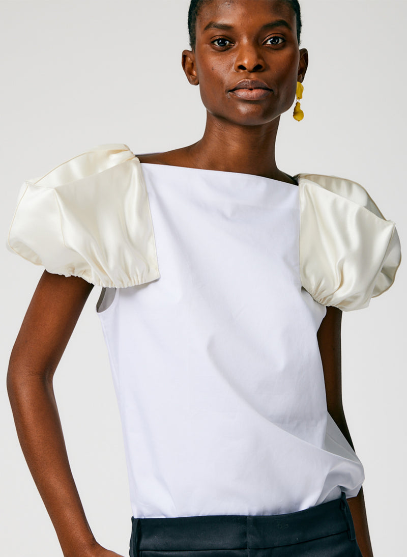 Light Weight Cotton Sateen Boatneck Box Sleeve Top White-5