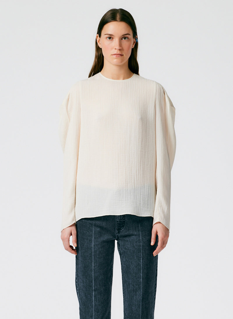 Matte Crinkle Long Square Sleeve Top Pearled Ivory-02