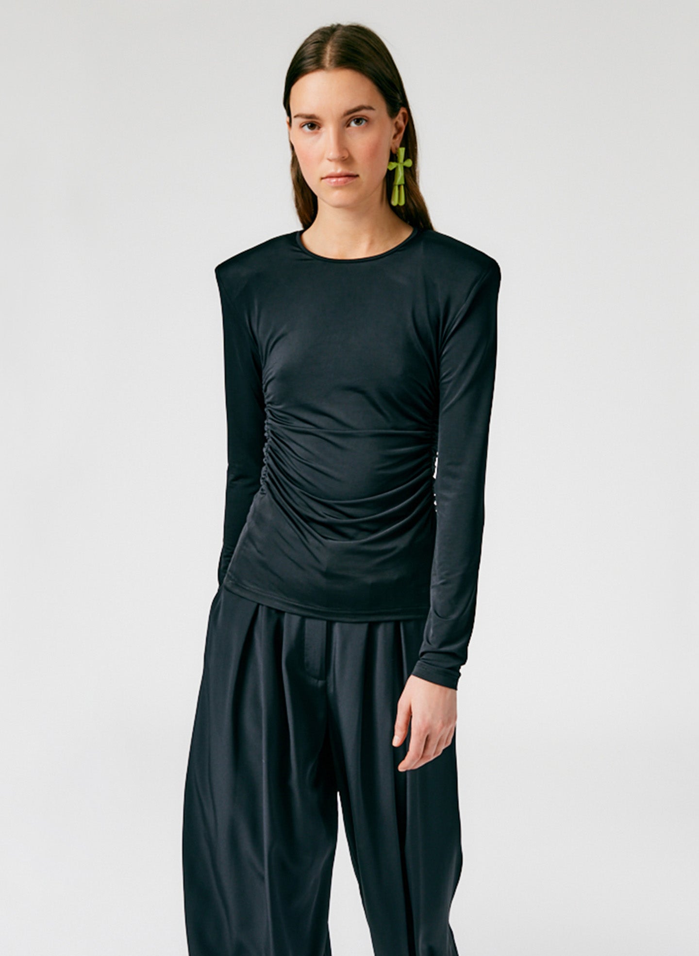 Micro Jersey Shoulderpad Fitted Crewneck Top - Black-01