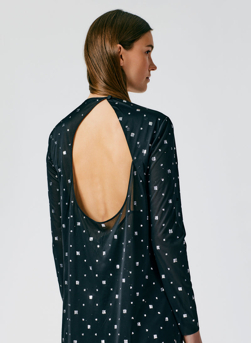 Sheer Metallic Speckle Long Sleeve Open Back Dress Black-04