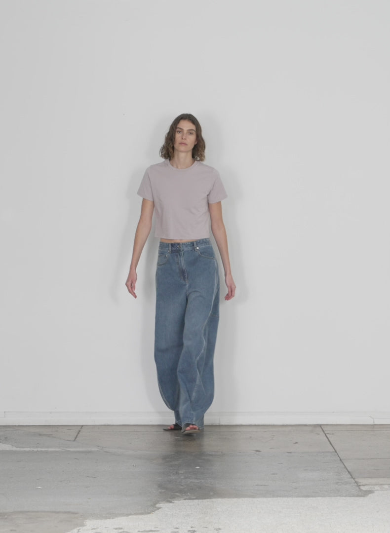 Model wearing the tshirting cropped t wheat walking forward and turning around